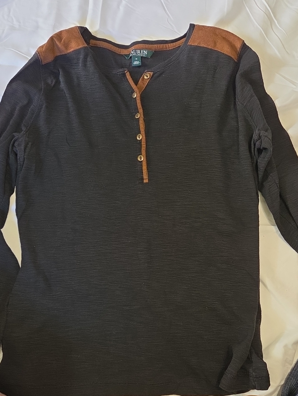 Ralph Lauren Black Long-Sleeve Henley with Brown Trim